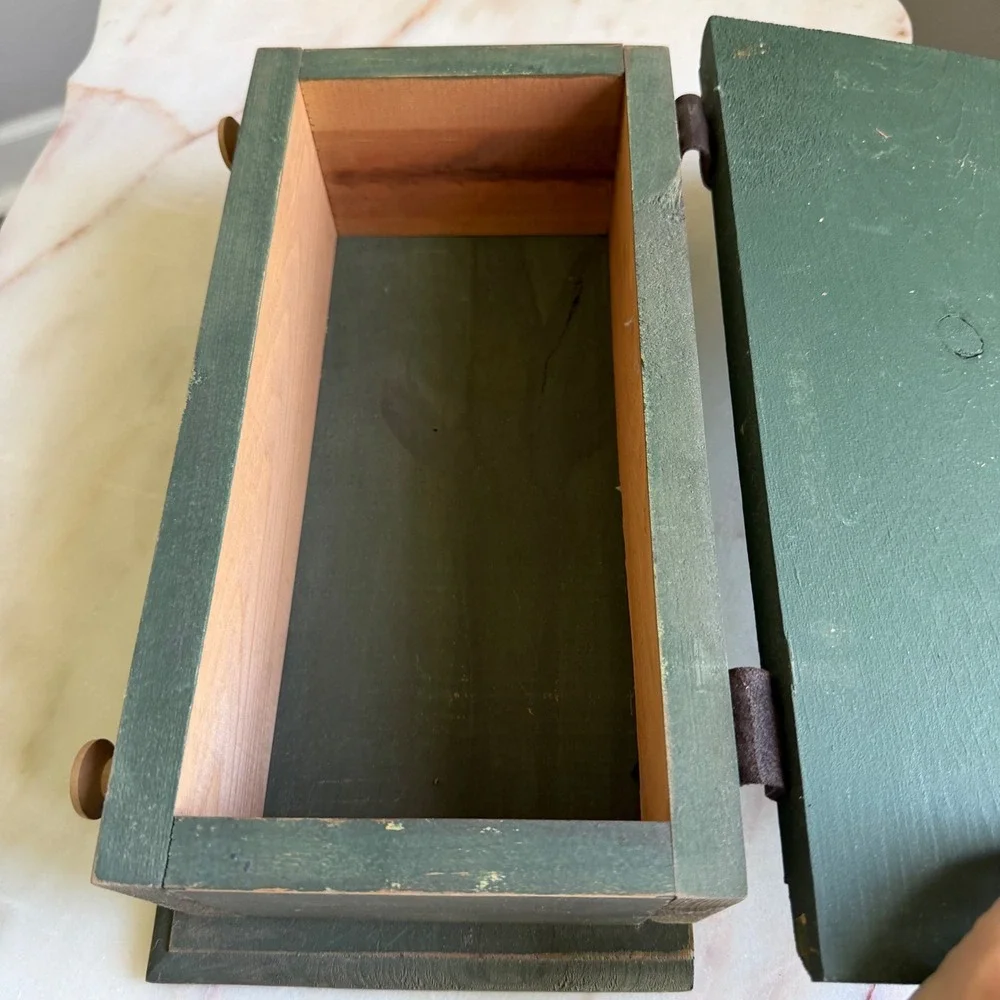 Wooden Spool Cotton Colors Sewing Box Rustic Green Storage‎ Chest 13.5in